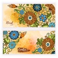 Set of vector template banners with watercolor paint abstract background and doodle hand drawn flowers. Royalty Free Stock Photo