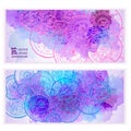 Set of vector template banners with watercolor paint abstract background and doodle hand drawn mandalas. Royalty Free Stock Photo
