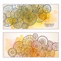 Set of vector template banners with watercolor paint abstract background and doodle hand drawn mandalas. Royalty Free Stock Photo