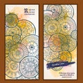 Set of vector template banners with watercolor paint abstract background and doodle hand drawn mandalas. Royalty Free Stock Photo