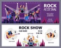 Set of vector template tickets Rock band show, festival. Guitar player, pianist, vocalist and drummer in Royalty Free Stock Photo