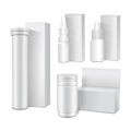 Set of vector template of white plastic bottles with cap for medicine, pills, tabs, spray. Packaging mock up