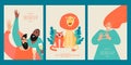 Set of vector templates for cards or banners for the day of friendship with funny characters of people and animals Royalty Free Stock Photo