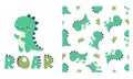 Set of vector templates for printing on children's products. Cute dinosaur and roar lettering. Seamless vector Royalty Free Stock Photo