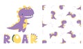 Set of vector templates for printing on children's products. Cute dinosaur and roar lettering. Seamless vector Royalty Free Stock Photo