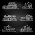 Set of vector thin line icon suburban american houses.