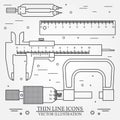 Set vector thin line icons caliper, ruler, pair of compass and