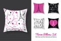 Set Of Vector Throw Pillows In Matching Unique Eifel Tower, Paris Prints and Repeat Patterns. Square Shape. Editable