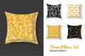 Set Of Vector Throw Pillows In Matching Unique Neutral Nursery Room Patterns. Square Shape. Editable Vector Template.