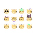 Set of 12 vector tigers heads with funny kawaii faces, good for