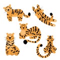 Set of vector tigers in the wild for kids education or coloring pages