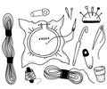 Set of vector tools for embroidery. Skein of yarn and floss, thread and spool, hand knitting, pin and needle, hook and