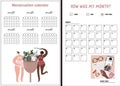 Set of vector tracker and vector calendar for women. Menstruation calendar with menstrual cup, flowers and women in underwear.