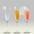 Set of vector transparent champagne glasses with sparkling drinks