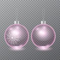 Set of vector transparent pink glass christmas tree balls with painted snowflake isolated Royalty Free Stock Photo