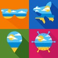 Set of vector travel backgrounds. Summer landscape with sea, sun, clouds, sand beach.