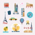 Set of vector travelling stickers. Stickers and elements set with landmarks of the world