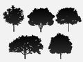 A set of 5 Vector trees in black on a gray background.