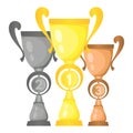 Set of vector trophy champion cups in gold, silver and bronze. Royalty Free Stock Photo