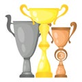 Set of vector trophy champion cups in gold, silver and bronze. Championship prizes for first, second and third place. Royalty Free Stock Photo