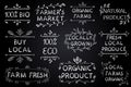 Set of VECTOR typographic elements on chalkboard. Farmers market, farm fresh eco food on white background. Green lines.