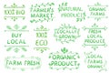 Set of VECTOR typographic elements. Farmers market, farm fresh eco food on white background. Green lines.
