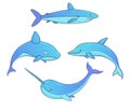 Set of vector underwater creatures with whales, shark, narwhal and dolphin