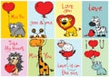 Set of 8 Vector Valentine's cards with cute animals and hand drawn funny texts.