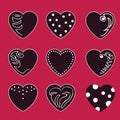 Set of vector valentines made of nine hearts. The main colors are black and white.