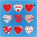 Set of vector valentines made of nine hearts. The main colors red and white.