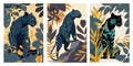 Set of vector vertical banners with silhouettes of wild cats, leopards and leaves Royalty Free Stock Photo