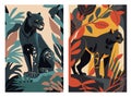 Set of vector vertical banners with silhouettes of wild cats, leopards and leaves Royalty Free Stock Photo