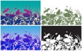 Set of vector vertical borders with dragonflies, butterflies, flowers and plants. Monochrome silhouette. Seamless nature Royalty Free Stock Photo