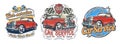 Set of vector vintage badges, stickers, signage for car service, wash, store of parts with red retro car