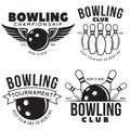 Set of vector vintage monochrome style bowling logo, icons and symbol. Bowling ball and bowling pins illustration Royalty Free Stock Photo