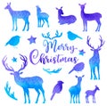 Set of vector watercolor deers and birds