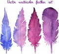 Set of vector watercolor hand drawn feathers