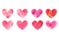 Set of vector watercolor hearts. Hand-drawn various red pink orange hearts isolated on white background. Wedding or Royalty Free Stock Photo