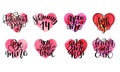 Set of vector watercolor hearts and lettering quotes about love and relationship. Hand-drawn various red pink orange Royalty Free Stock Photo