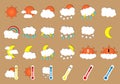 Set of 24 vector weather flat icons on beige background