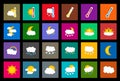 Set of 24 vector weather square colored window style flat icons on black background