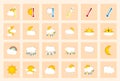 Set of 24 vector weather square colored window style flat icons on ivory background