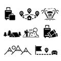 A set of vector illustrations, logos, icons for travel and leisure. Tourism and camping. Royalty Free Stock Photo