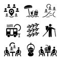 A set of vector illustrations, logos, icons for travel and leisure. Tourism and camping. Royalty Free Stock Photo