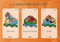 Set of vector mobile app pages on theme summertime activities. Design of mobile screens for web application