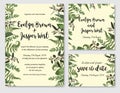 Set of vector wedding invitation, greeting card, save date. Frame of green leaves of fern, boxwood and eucalyptus twigs.