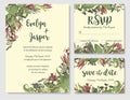 Set of vector wedding invitation, greeting card, save date. Frame of green leaves of Brunia, fern, eucalyptus, leucadendron,