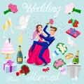 Set vector wedding just married couple with hearts avatars characters. roses flowers champagne cake newlyweds pigeons gifts rings
