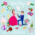 Set vector wedding just married couple with hearts avatars characters. roses flowers champagne cake newlyweds pigeons gifts rings