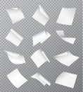 Set of vector white empty papers flying or falling in different positions with curled and twisted edges isolated on transparent
